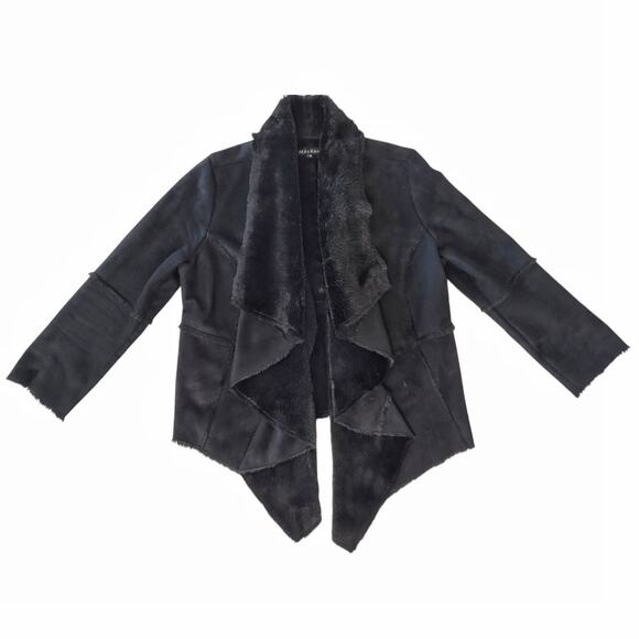 MECHANT Black Faux Fur Jacket Sz M Faux Leather Suede Cozy Flowy Fall Soft Warm - Picture 5 of 7